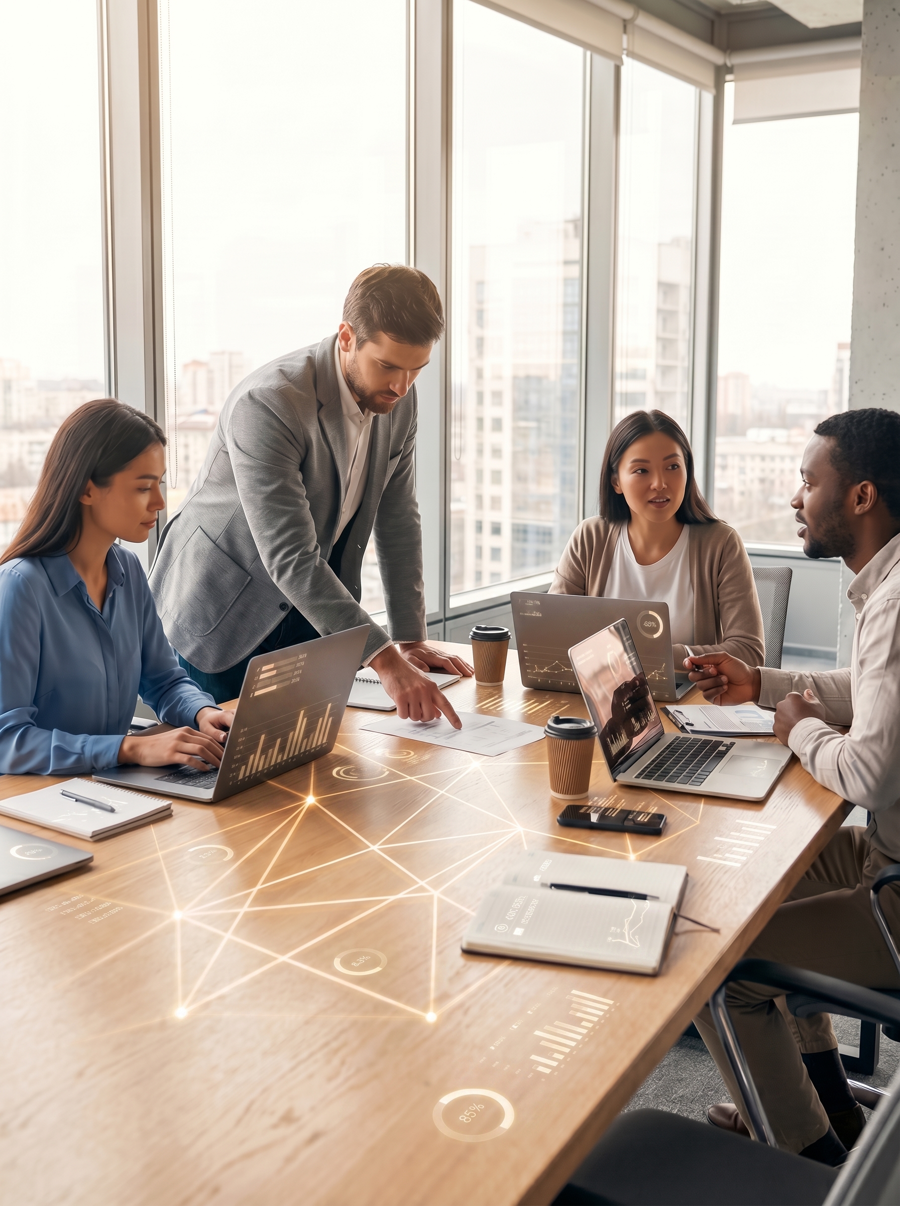 A professional team collaborating around a conference table with a digital intelligence layer connecting their tools and devices.